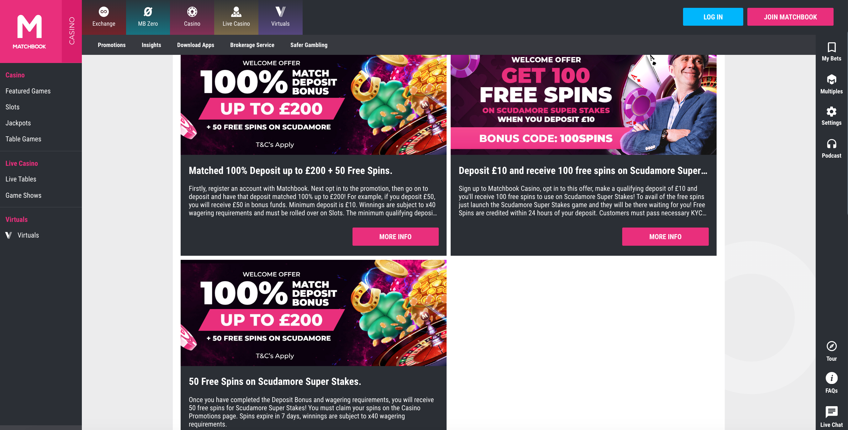 Casino section of Matchbook website, showing available sign up offers, including 100% deposit match and 100 free spins